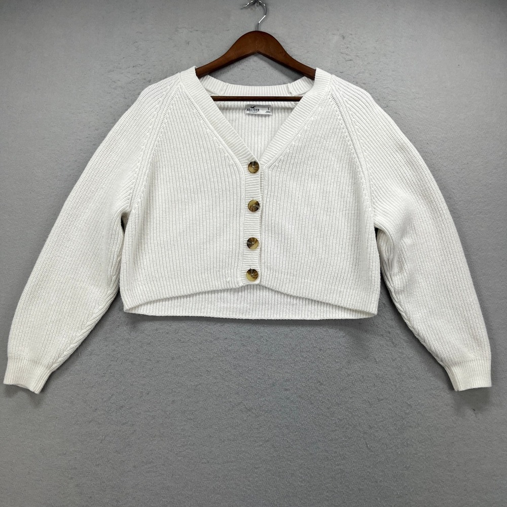Hollister Cardigan Sweater Womens Small White Cropped Ribbed Knit V-Neck Preppy